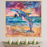 Watercolor Painting of Dolphin Leaping from Ocean with Color Splash Sky and Abstract Cosmic Sunset in Vivid Pink Blue and Gold Tones on Ready to Hang 1.5" Thick Canvas Wrap, Floating Framed Canvas, Flat Rolled Canvas